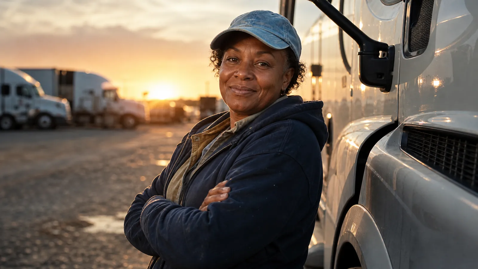 Road-worn confident owner-operator in a sky-blue cap leaning on her cab at dusk after her first load