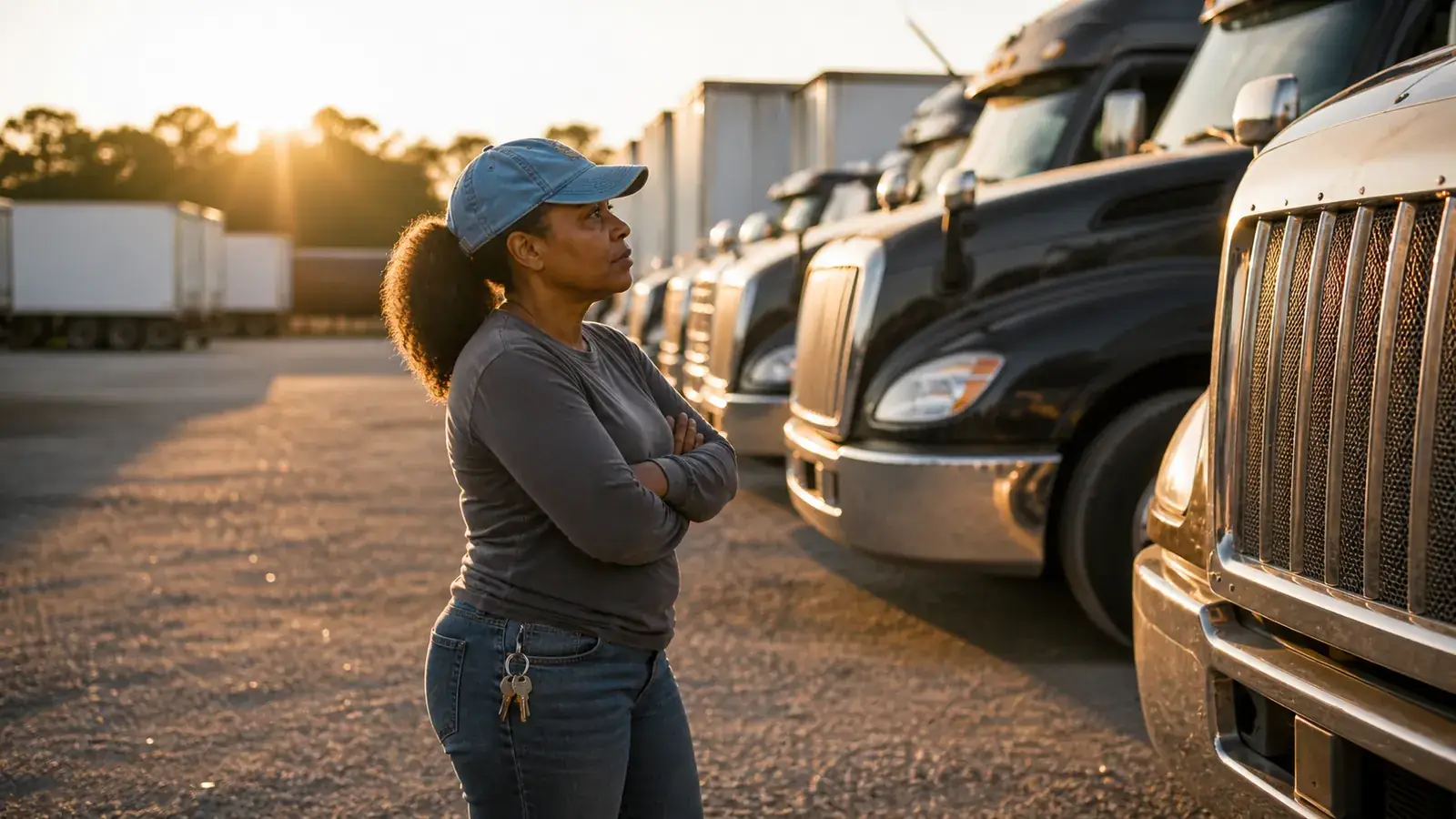 The sky-blue-cap owner-operator walking a row of used tractors at golden hour, weighing a second truck
