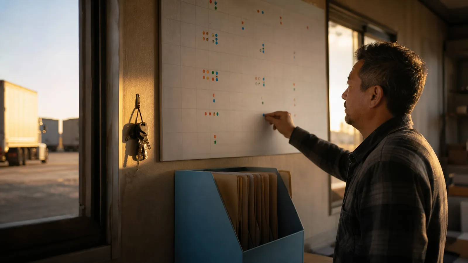 Owner-operator adding a colored dot to a wall planner beside folder trays and hanging truck keys