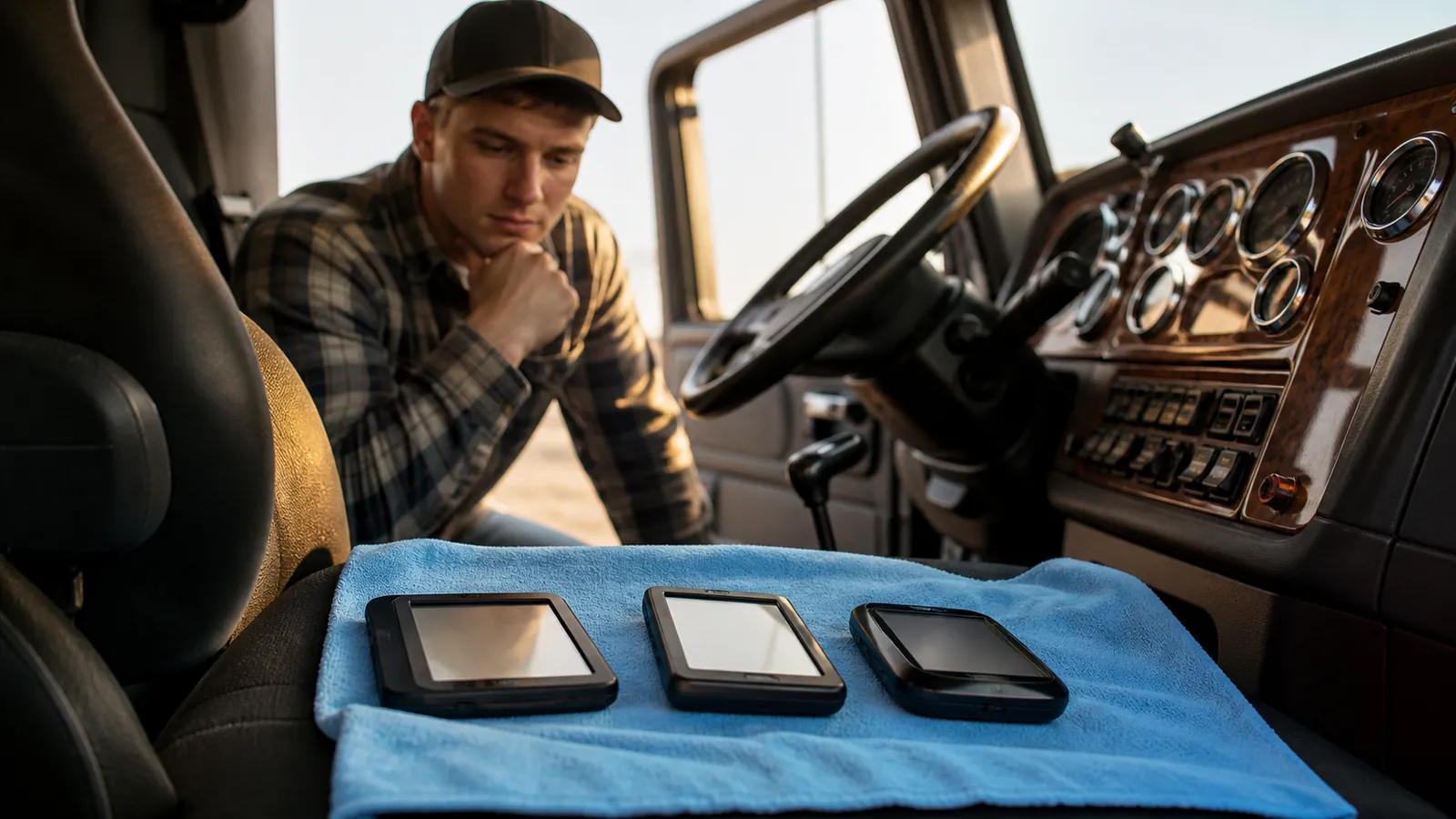 Three unbranded ELD devices with softly glowing screens laid out on a truck's passenger seat