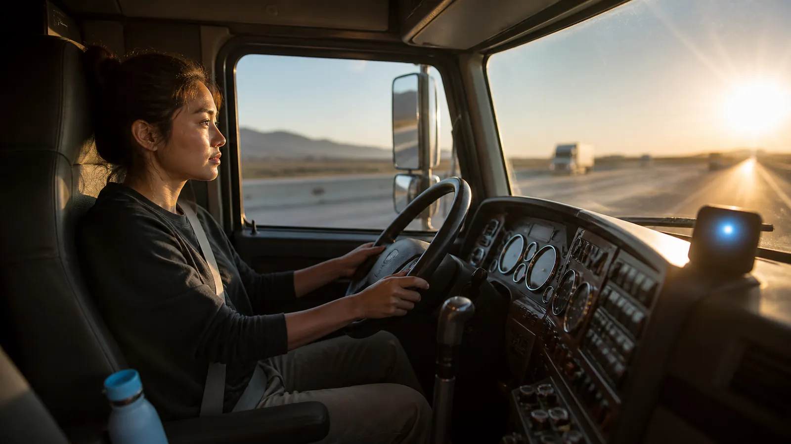 Relaxed belted driver rolling down a bright morning interstate, her logging device a small glow at the dash edge