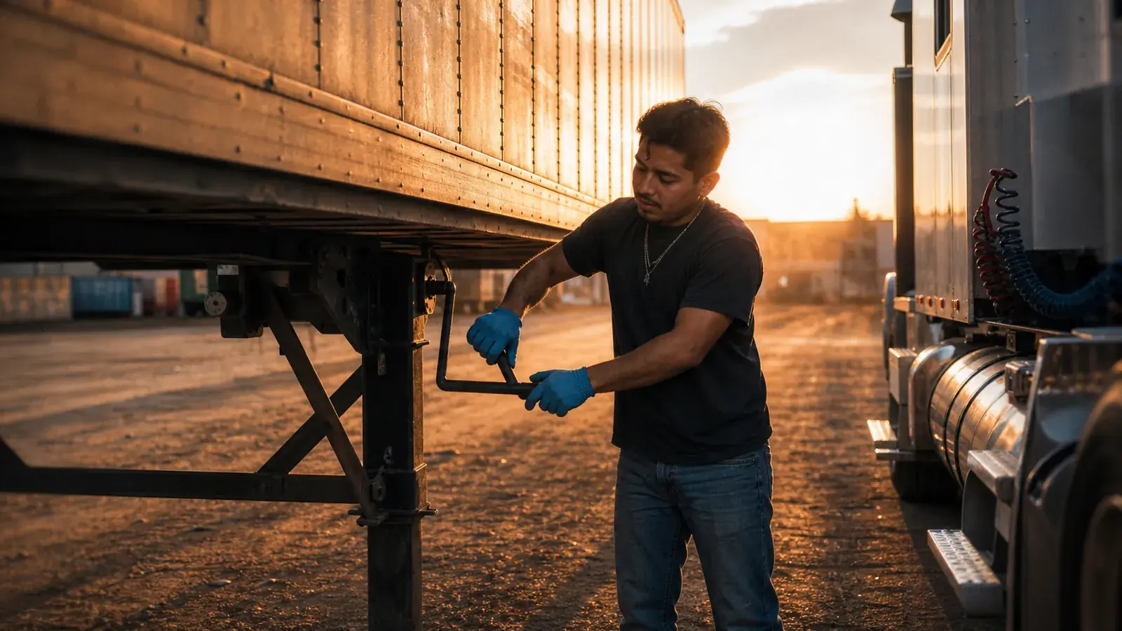 Gloved driver cranking landing gear under a loaded dry van at golden hour, tractor coupled square beneath it