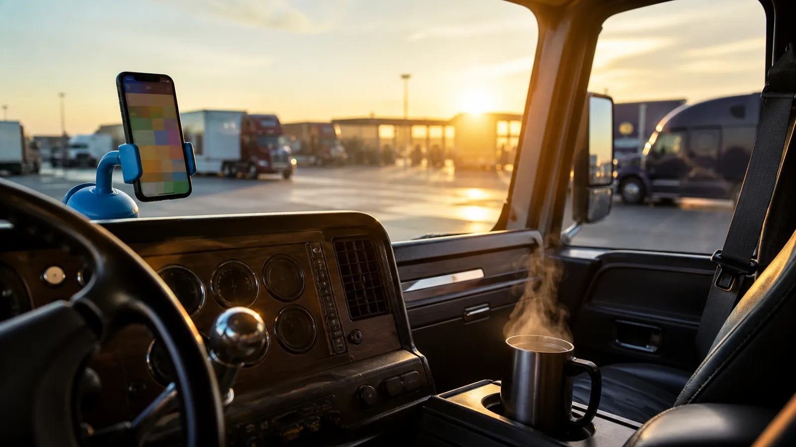 Phone in a sky-blue dash mount glowing with abstract rows over a waking truck-stop lot at dawn