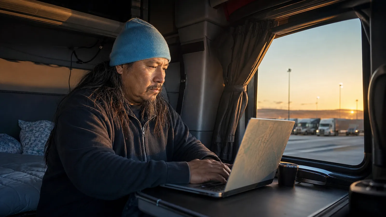 Owner-operator in his sleeper cab at dawn searching a laptop with a softly glowing unreadable screen
