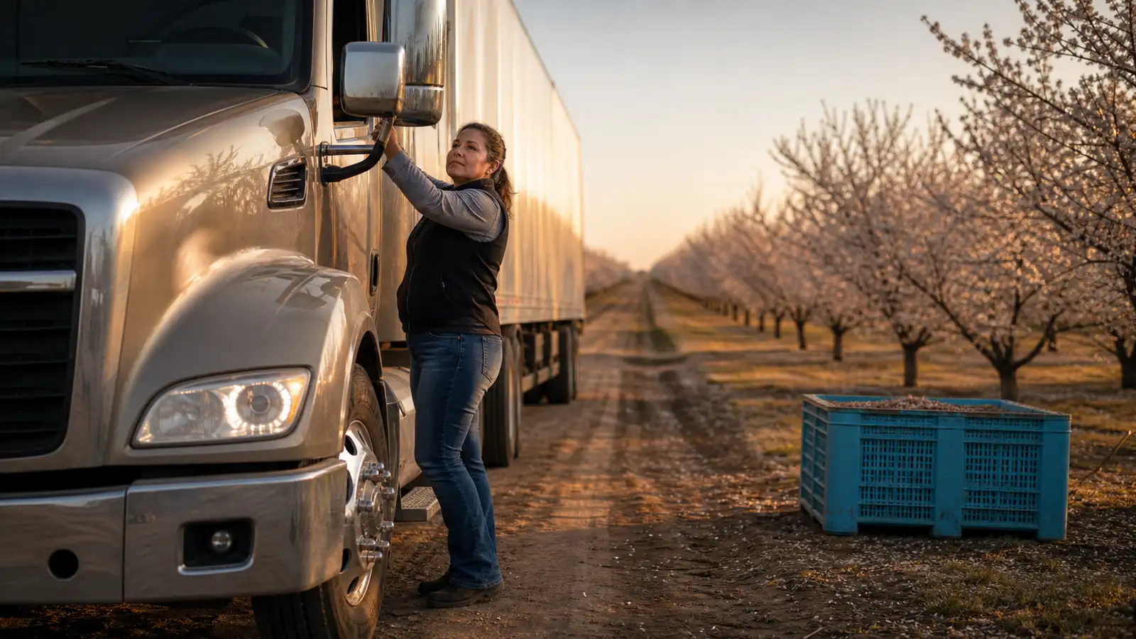 Modern unbranded tractor-trailer on a Central Valley farm road at dawn beside almond orchard rows