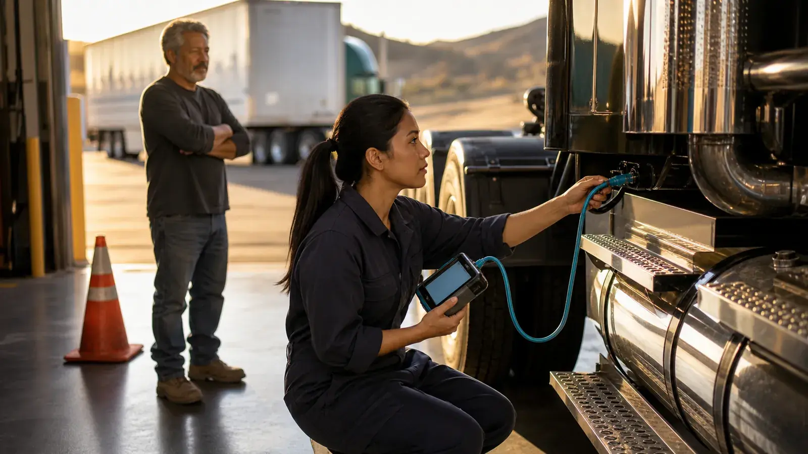 Technician connecting a sky-blue diagnostic cable to a parked tractor while the driver watches in a service bay