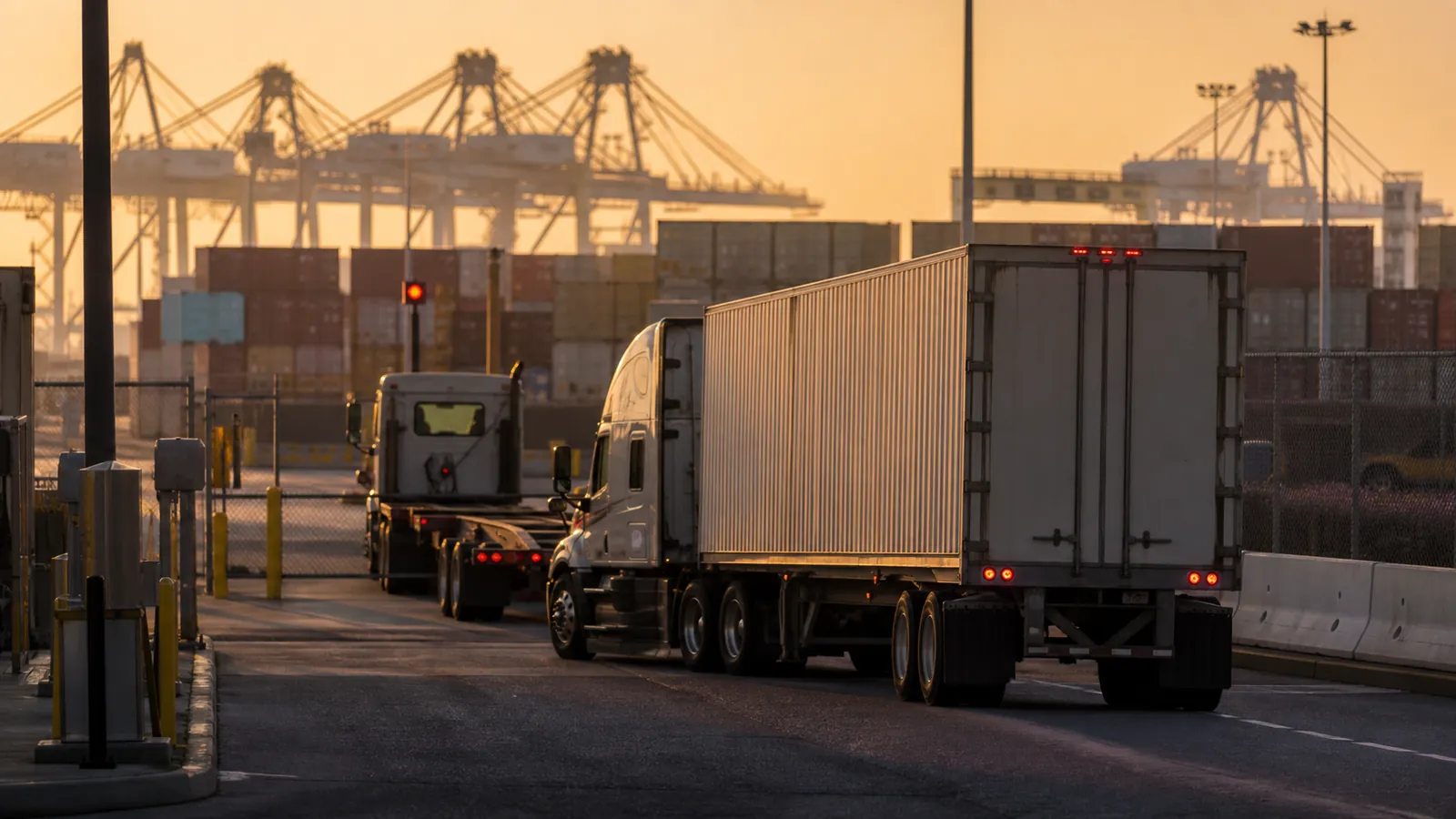 Tractor-trailer queued at a hazy golden port gate beneath cranes, one sky-blue container in the stacks
