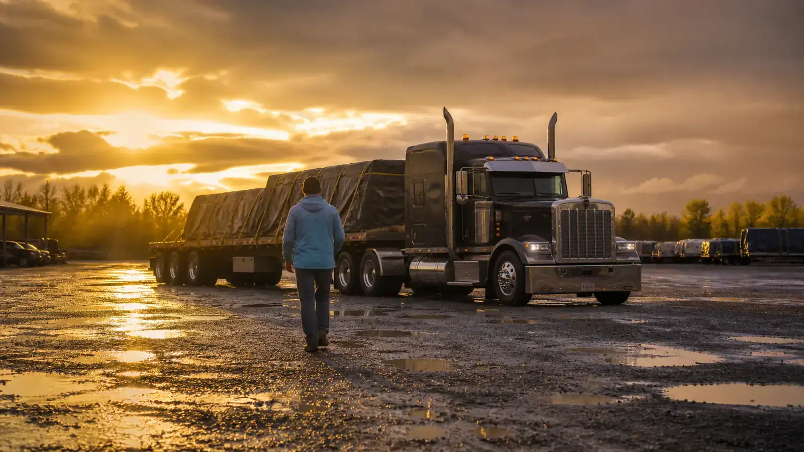 Rig gleaming in wet golden light after a shower as a small figure in a sky-blue rain shell walks back to it