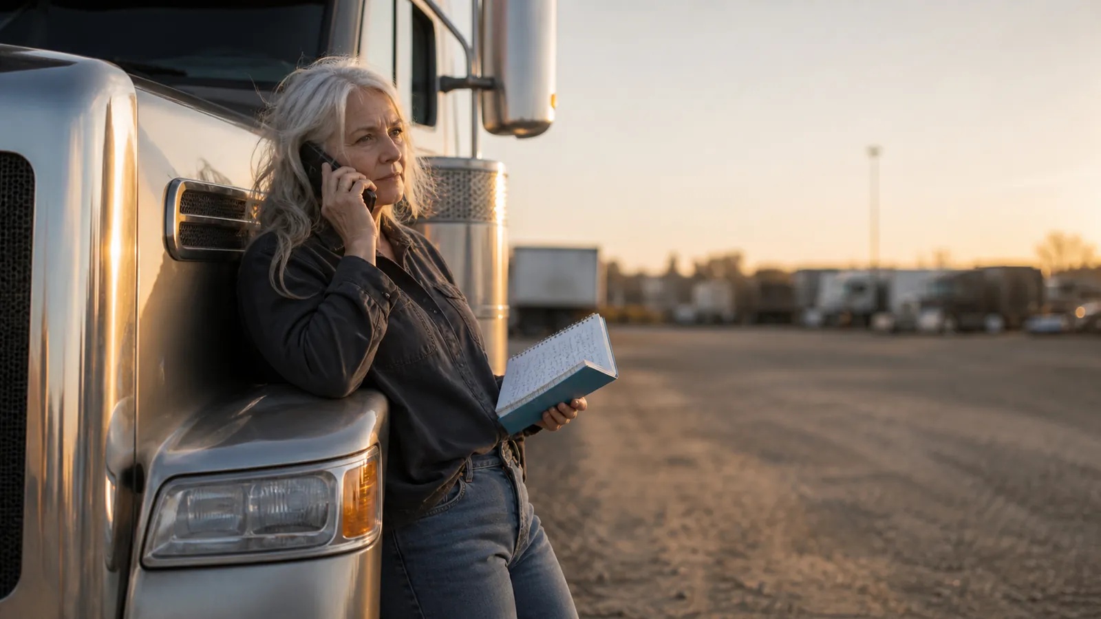 Veteran driver leaning on her rig's fender making quote calls with a sky-blue notebook in hand