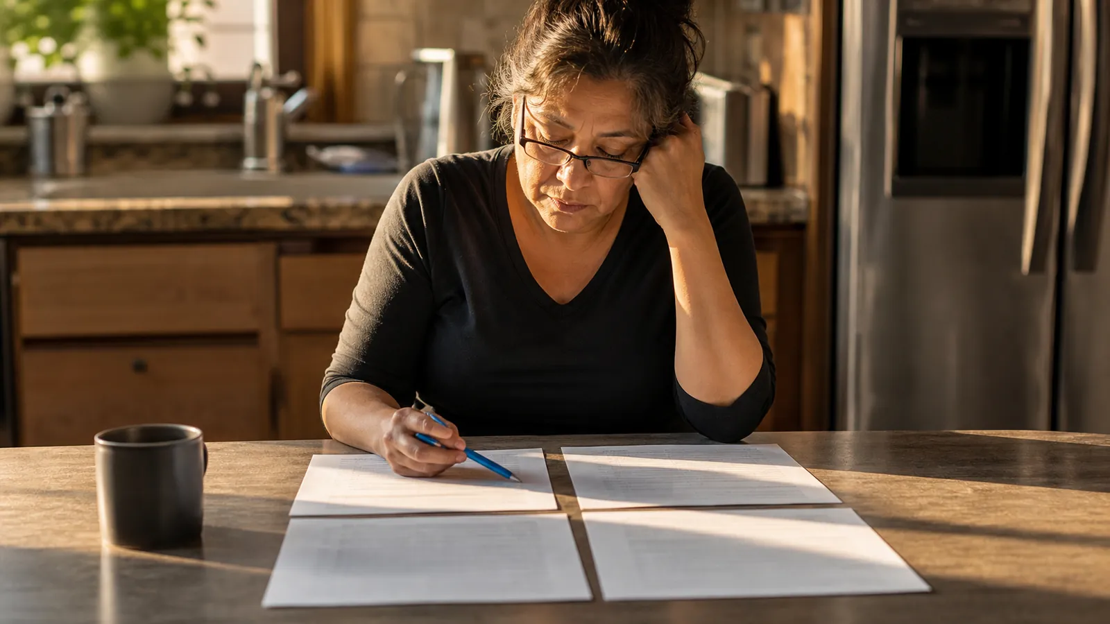 Owner-operator comparing four unreadable insurance quote pages laid out on a kitchen table