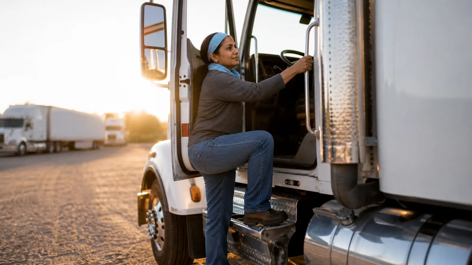 Owner-operator climbing her cab step with a sure grip in morning light, sky-blue bandana at her neck