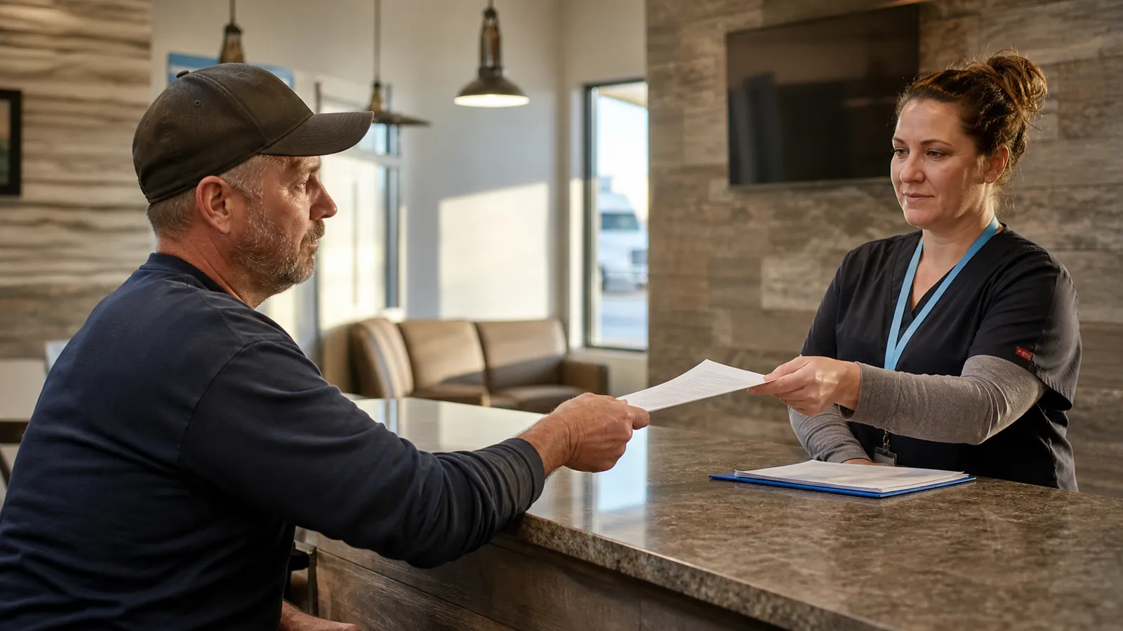 Owner-operator calmly checking in at a clinic, receiving an unreadable intake form from a technician