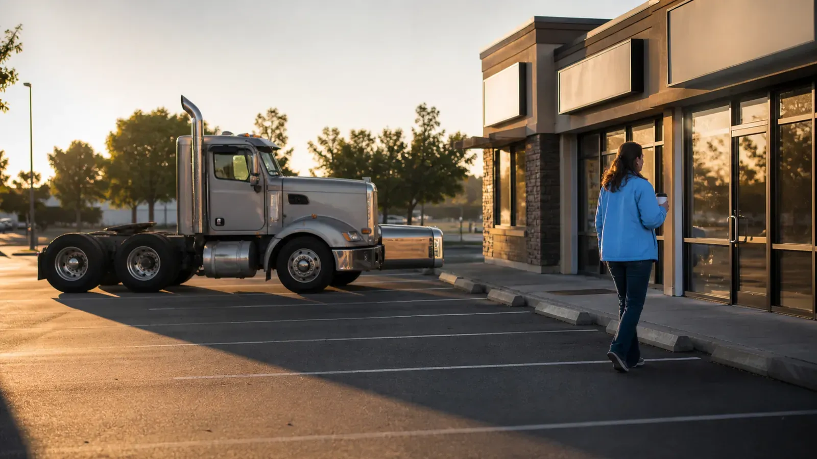 Bobtail tractor parked across a clinic lot as its driver walks toward the door for a routine test