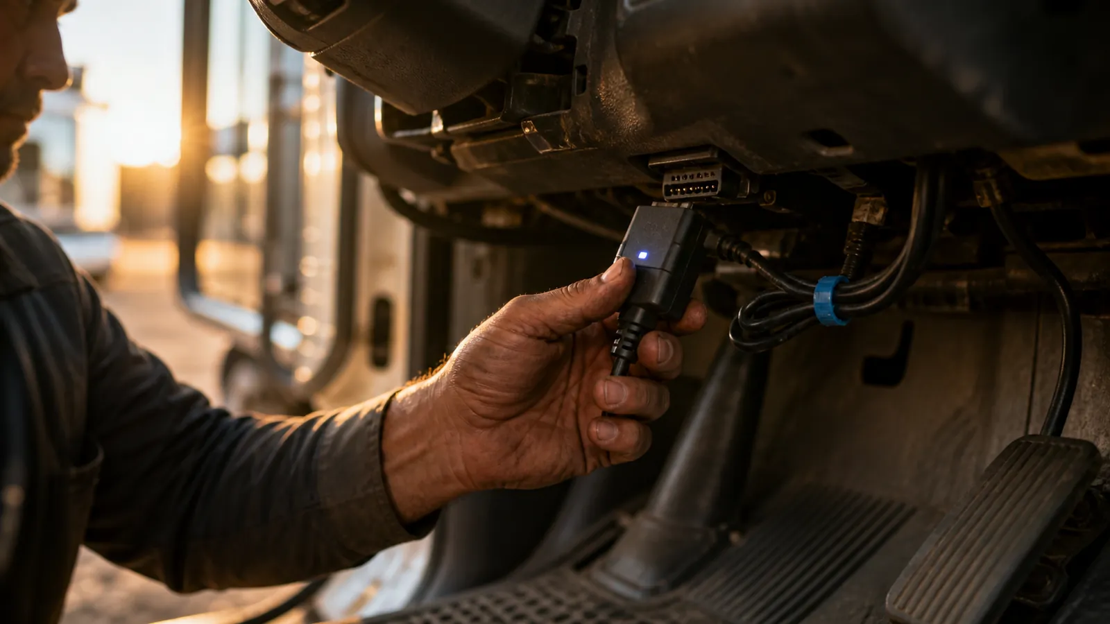 Close-up of an unbranded logging adapter being fitted to a truck's diagnostic port under the dash