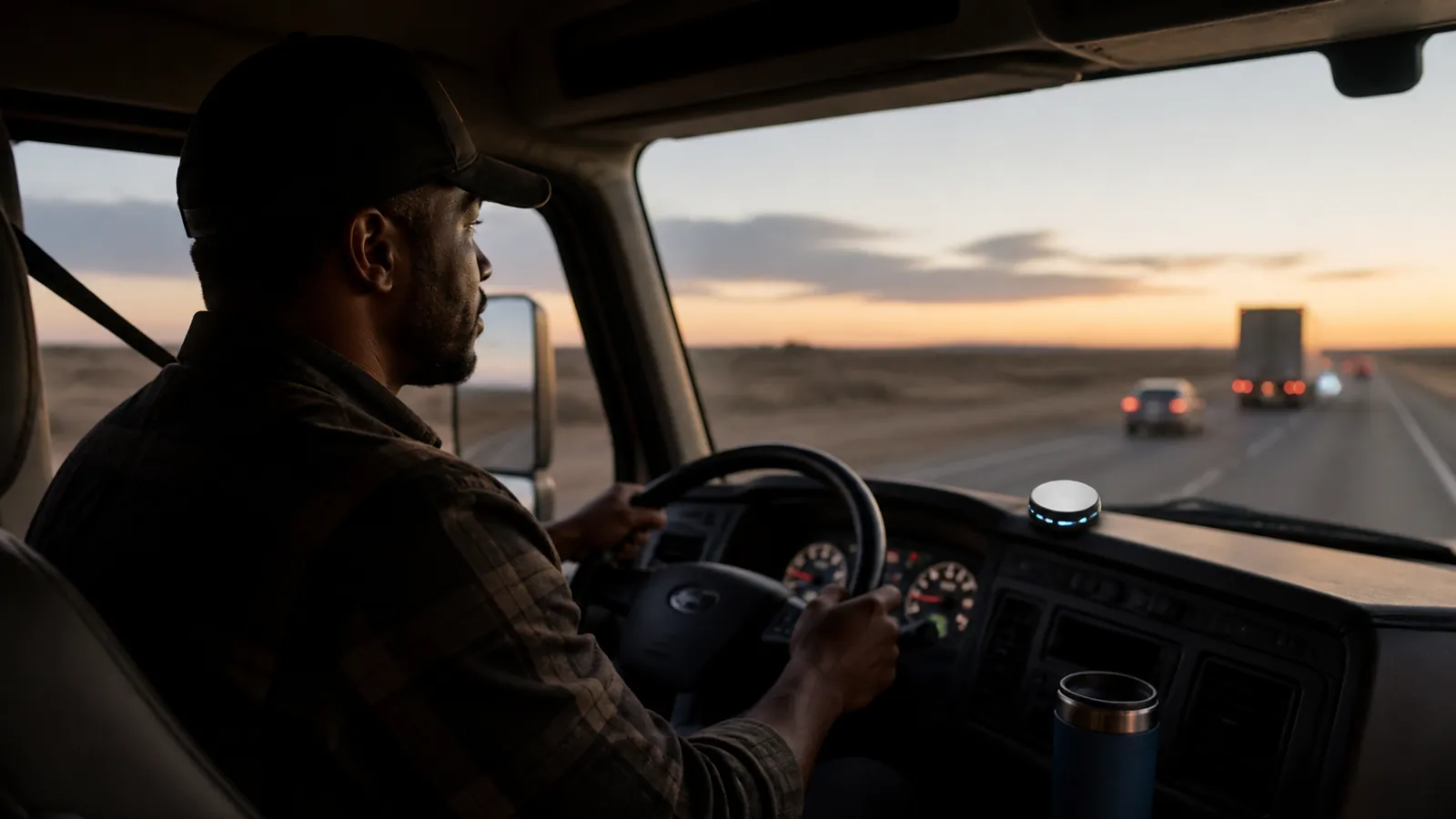 Dash-mounted ELD glowing softly at dusk while a seat-belted driver cruises the interstate