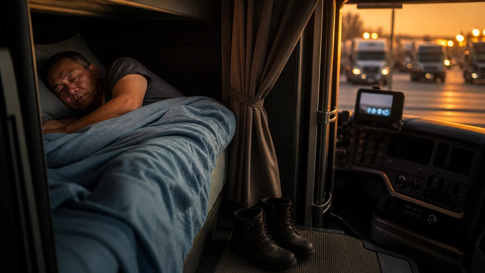Driver asleep in his sleeper berth under a sky-blue blanket at dusk, dash glow faint through the curtain gap