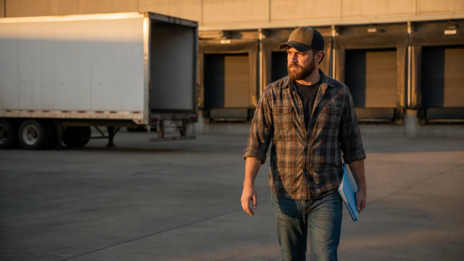 Driver walking from a receiving dock at evening with a sky-blue folder, empty dry van squared behind him