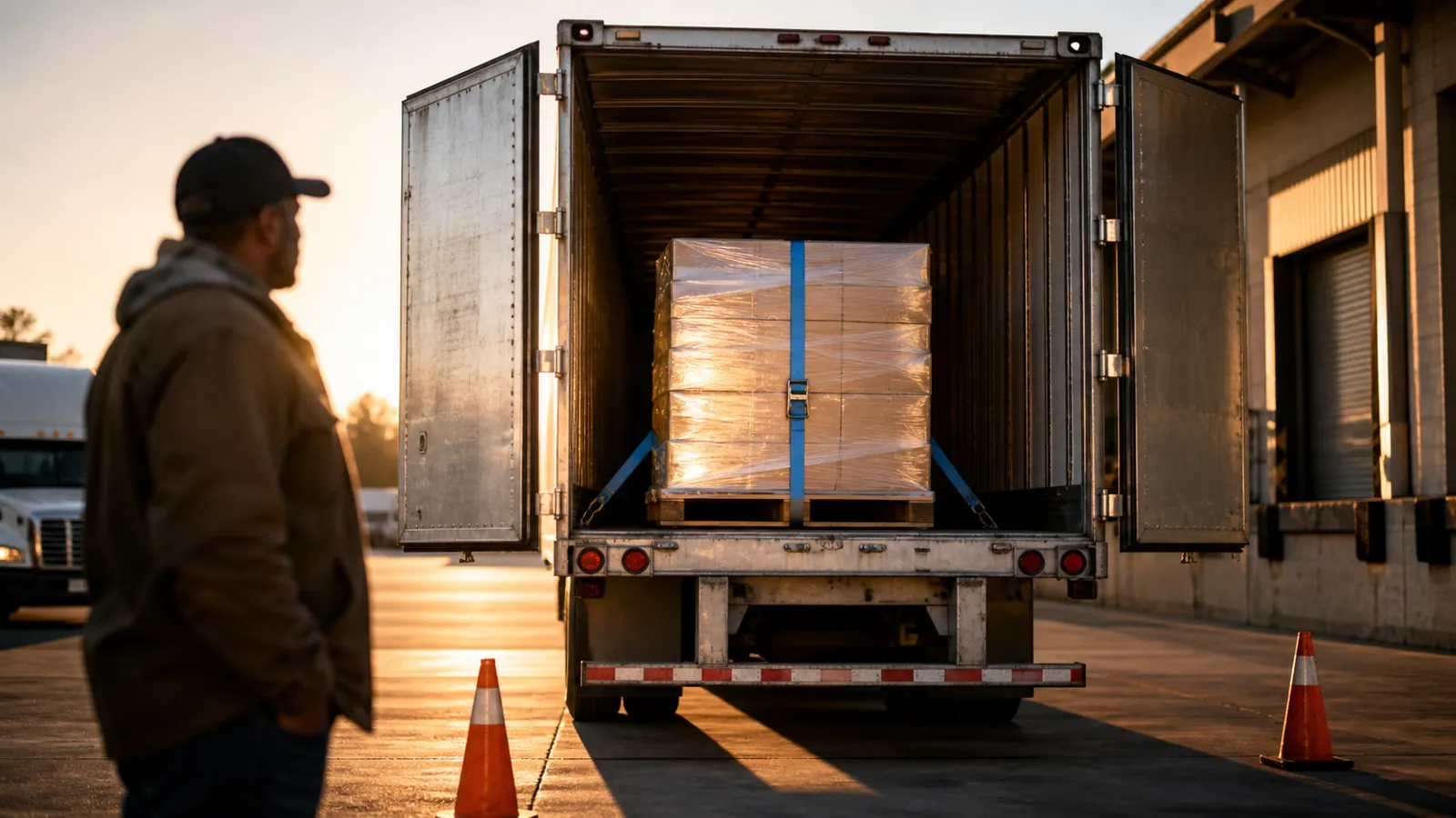 Open trailer doors at sunrise revealing a first shrink-wrapped pallet secured with a sky-blue strap