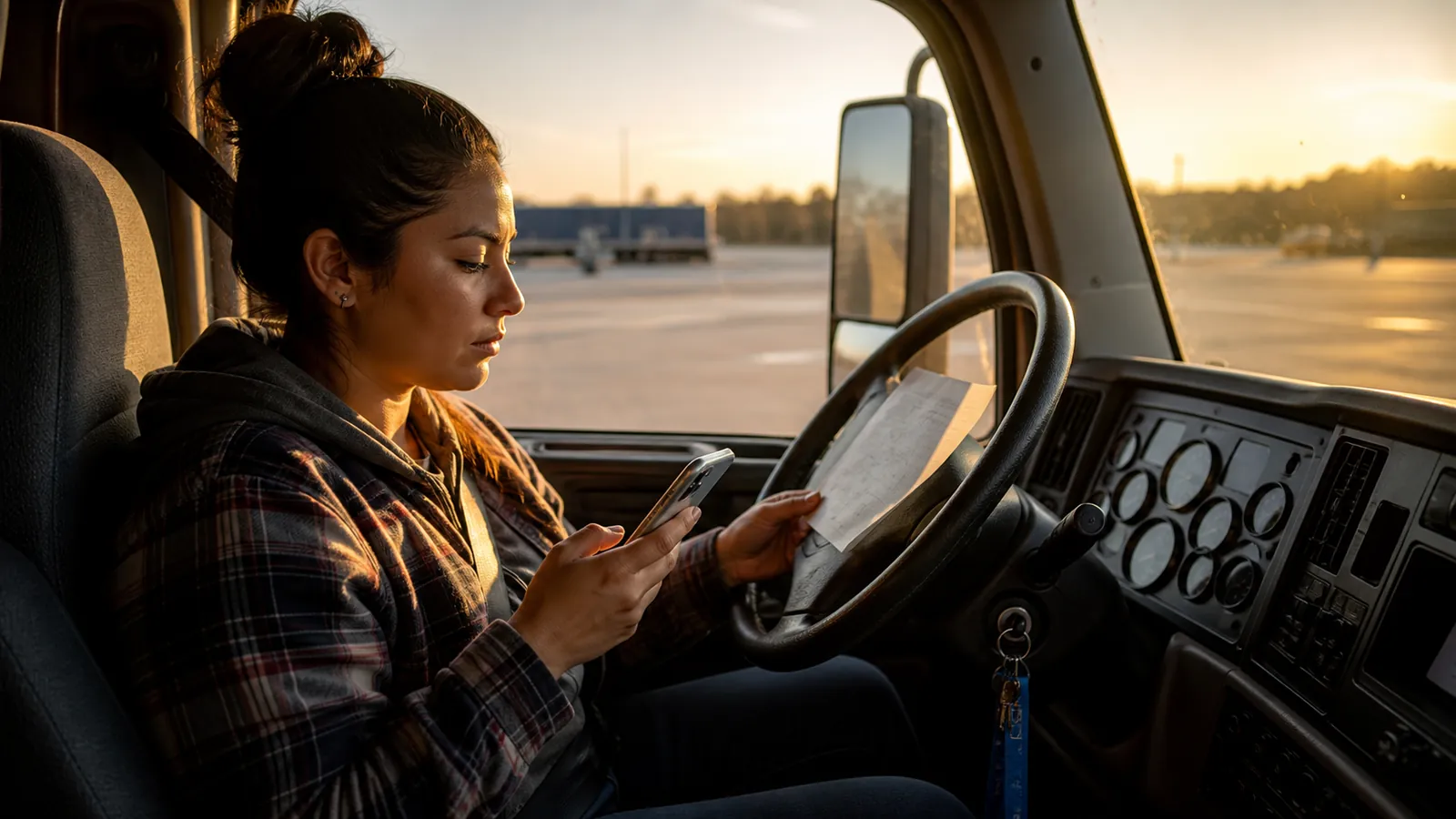 Driver in her parked cab checking a phone against an unreadable rate confirmation before booking