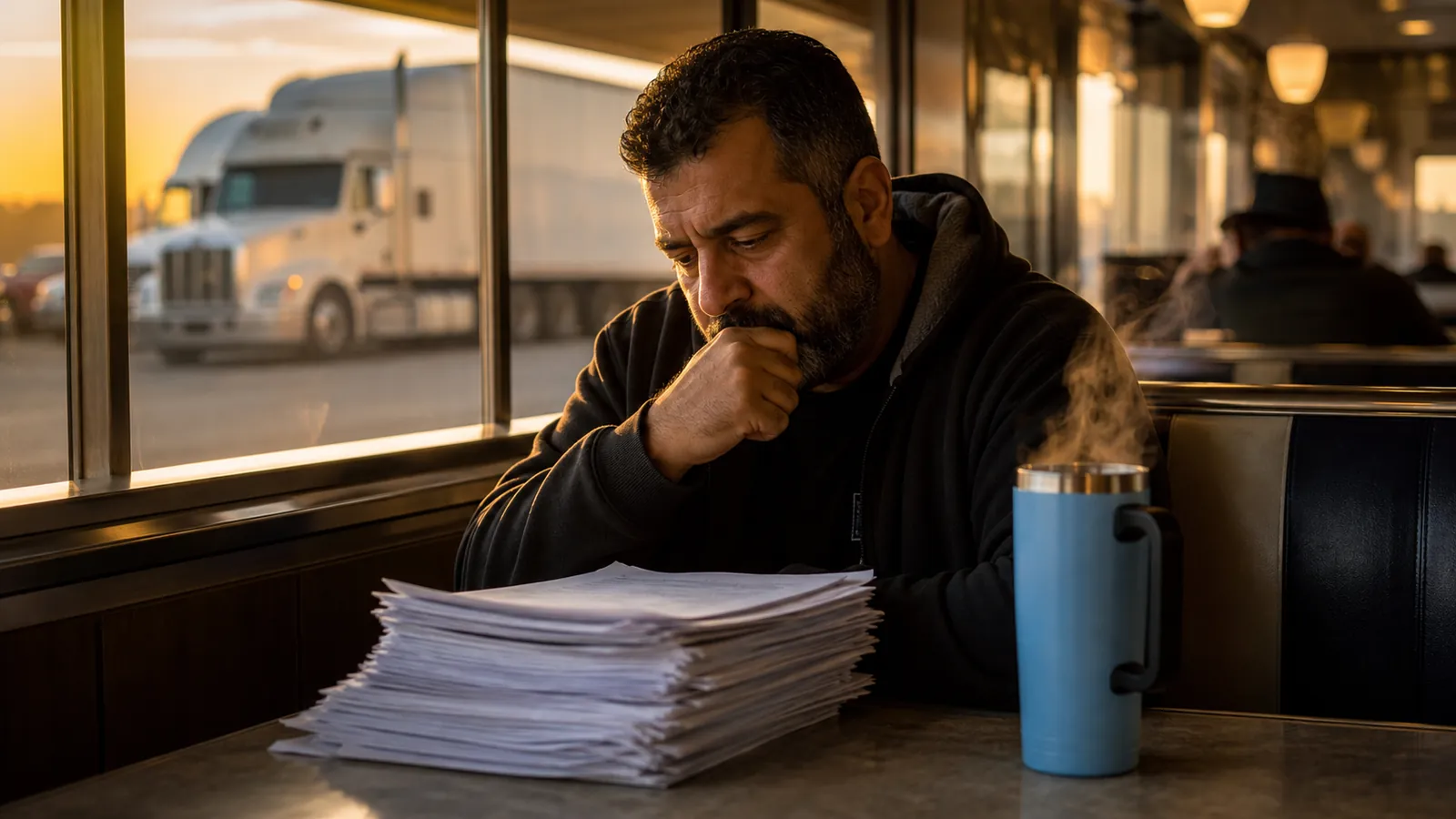Owner-operator in a diner booth deliberating over a stack of unreadable factoring contracts