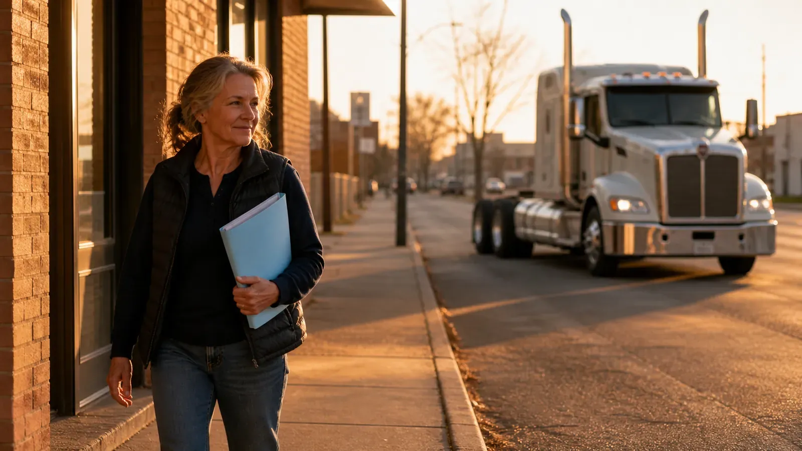 Owner-operator leaving a brick office at evening with a sky-blue portfolio, walking toward her parked tractor
