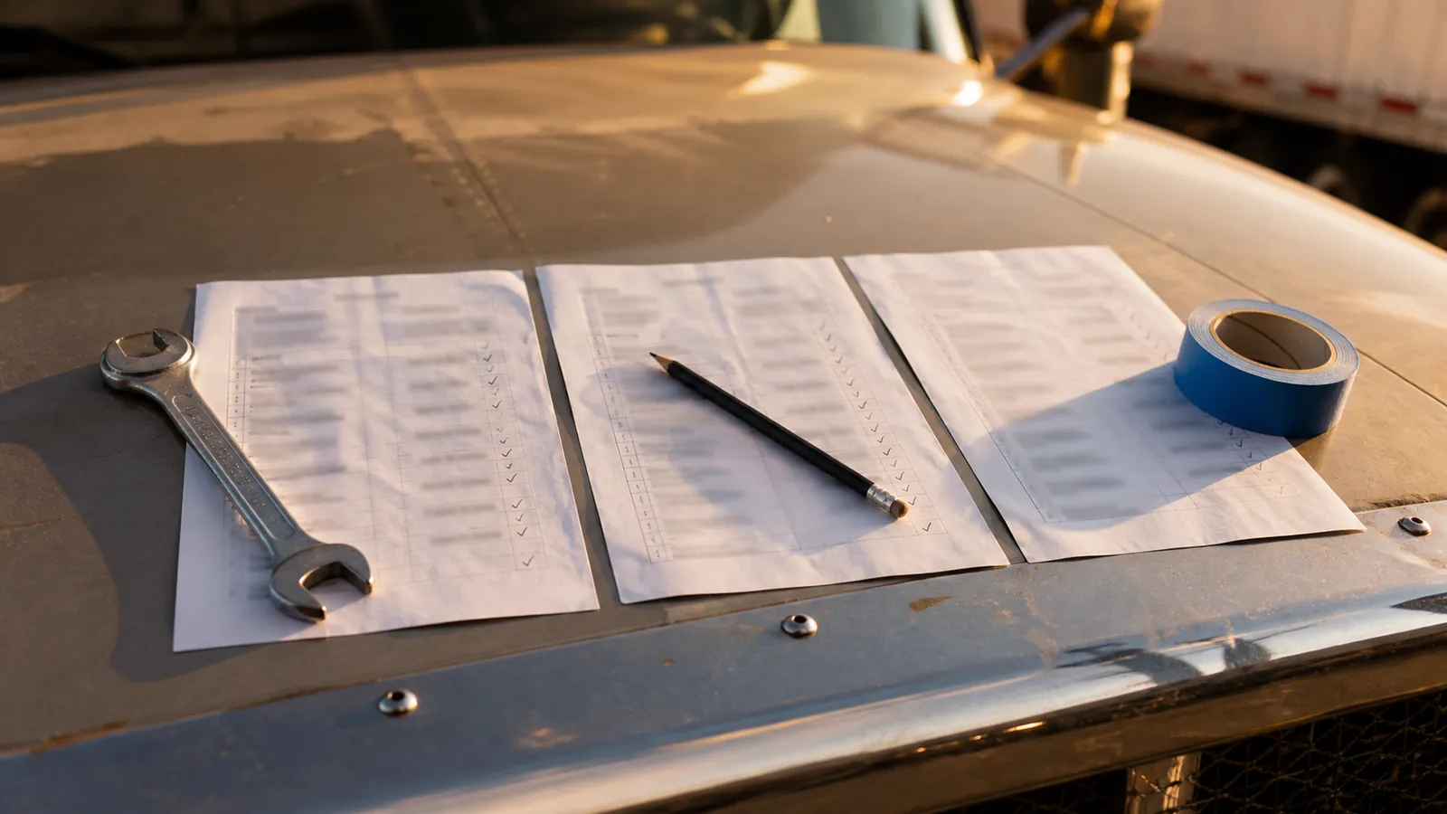 Three unreadable factoring term sheets weighted side by side on a warm truck hood at golden hour