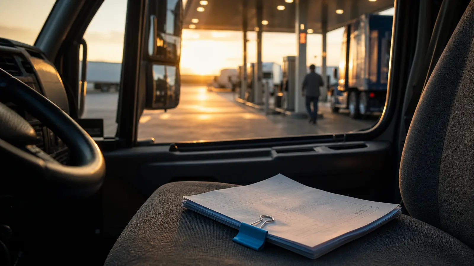 Unreadable invoice page in a cab in sharp focus with a fuel island glowing in the dawn background