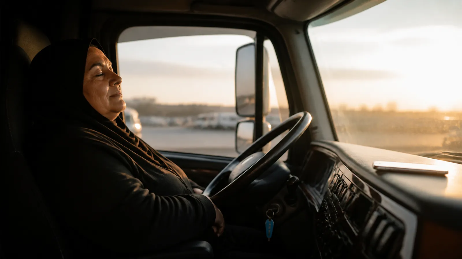 Driver leaning back in her parked cab at golden hour, phone glowing softly on the dash as a payment lands