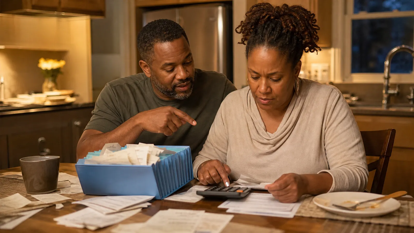 Couple reviewing unreadable settlement statements and a calculator at a lamp-lit dining table