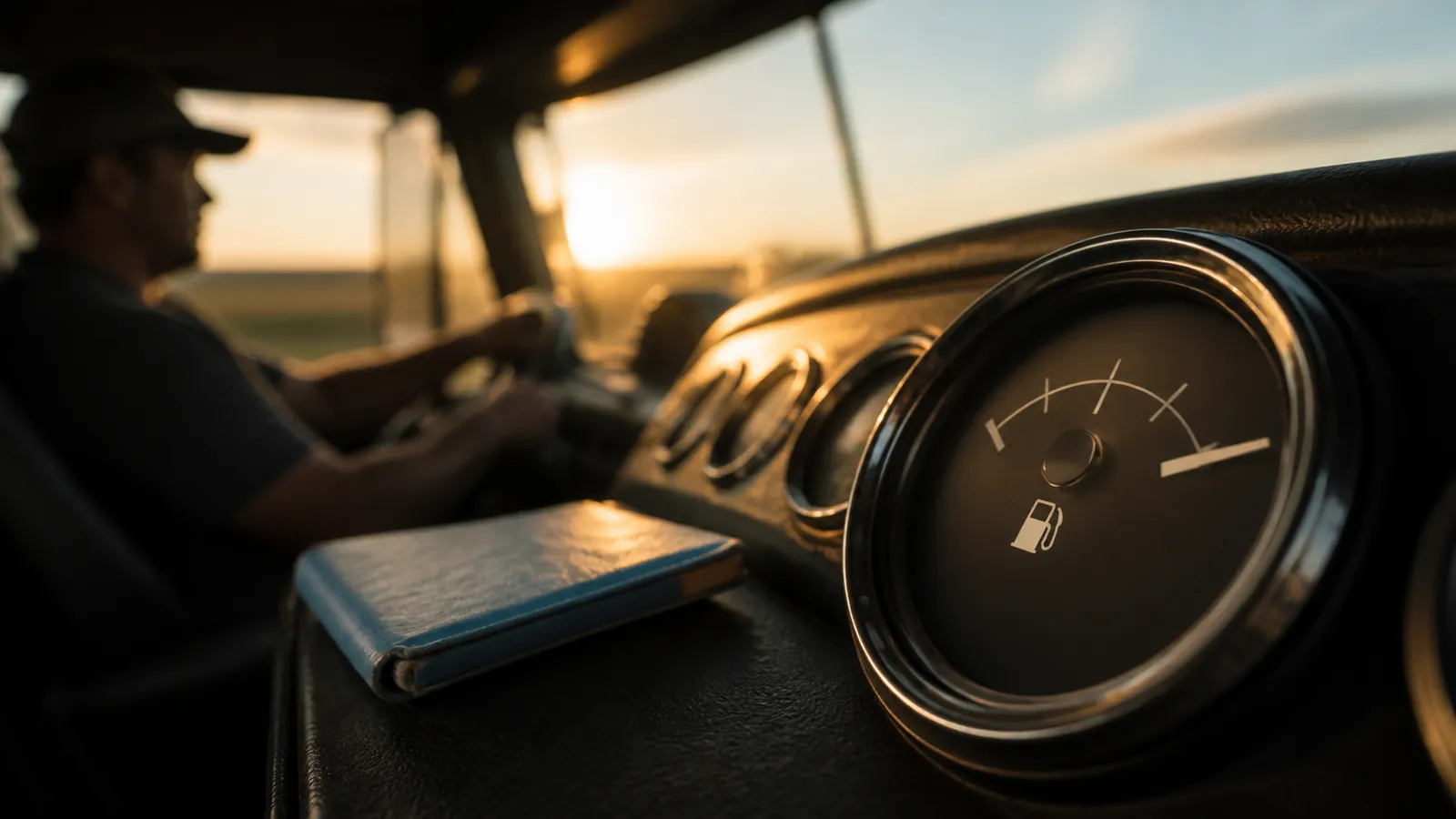 Close view of a full fuel gauge glowing at dusk in a rolling cab, sky-blue pocket log on the dash shelf