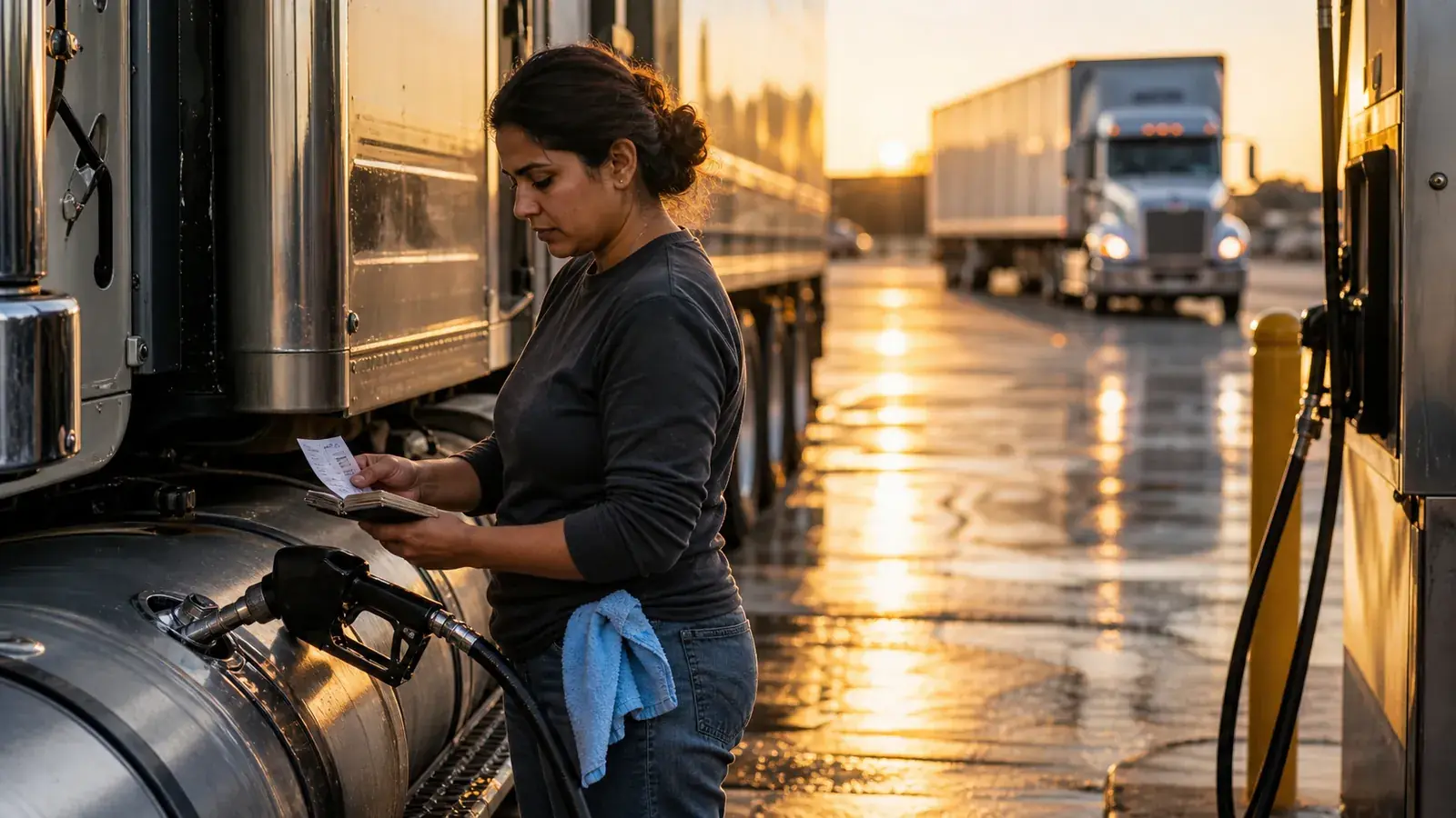 Owner-operator at a dawn fuel island checking a small receipt against a pocket log while fueling