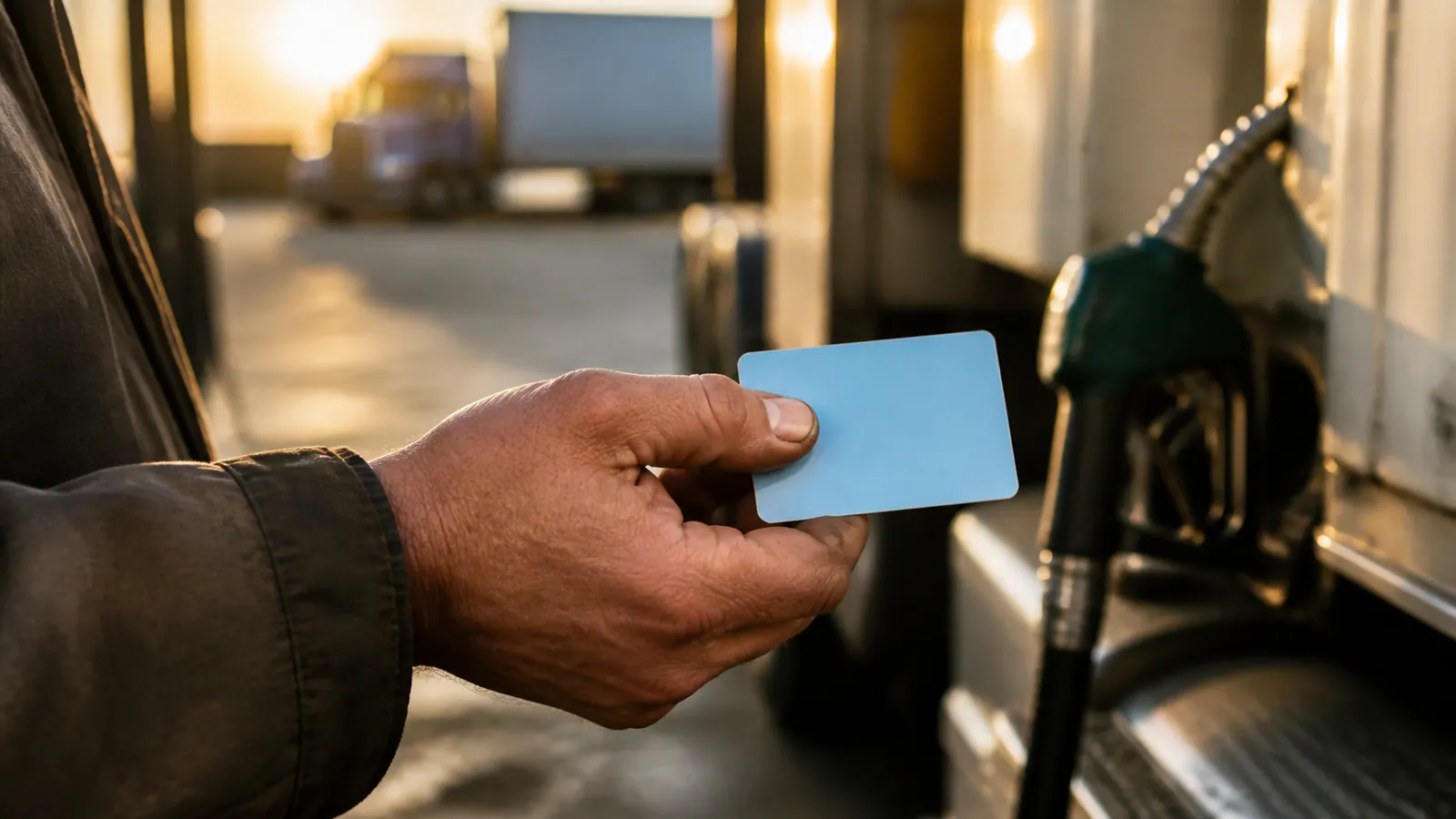 Work-worn hand holding a blank sky-blue fuel card at a diesel pump in dawn light