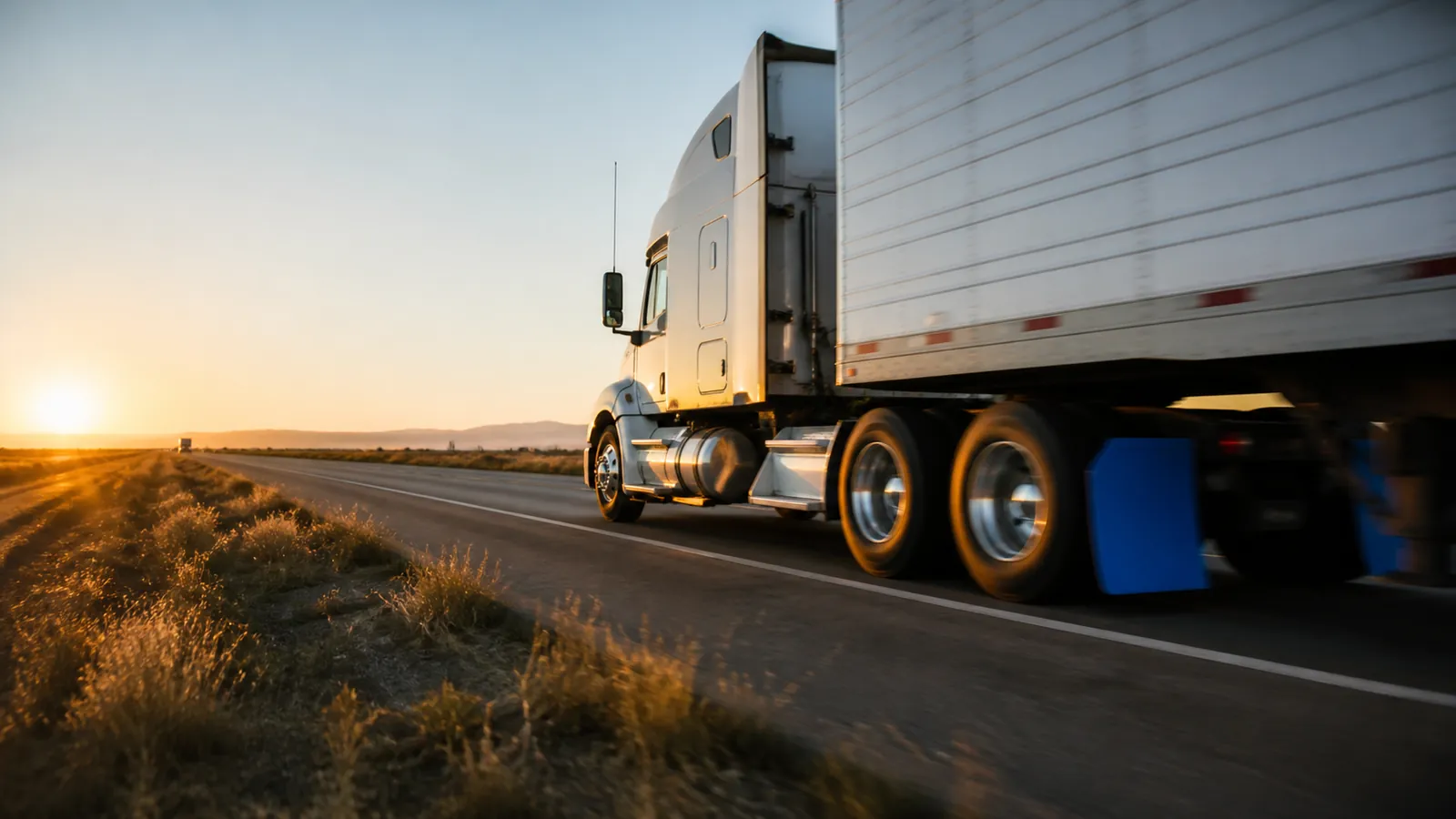 Unbranded tractor-trailer at highway speed in golden light, wheels blurred, sky-blue mud flaps catching the sun