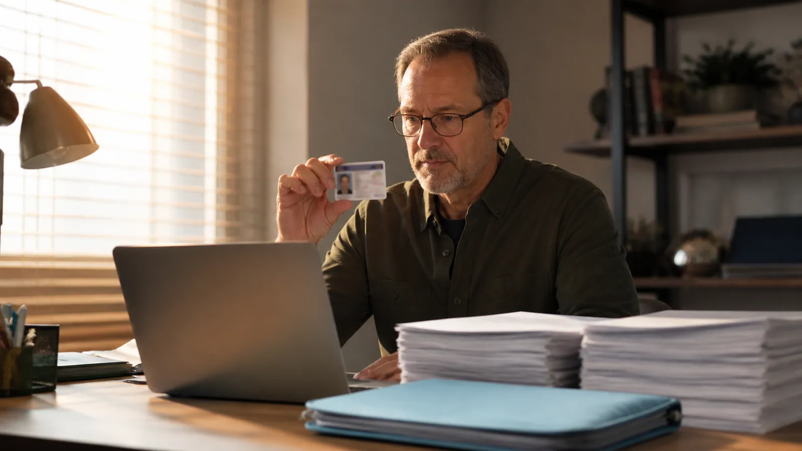 Owner-operator at a home desk holding his ID beside a glowing laptop during an early-morning filing step