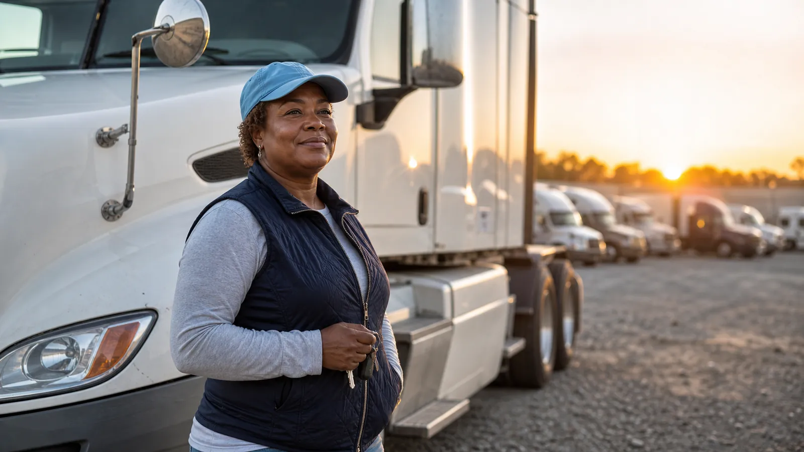 New owner-operator standing proudly beside her unbranded white semi cab at sunrise, keys in hand