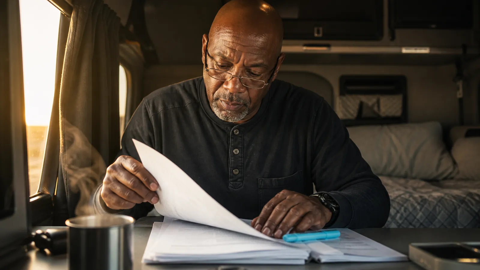 Owner-operator reading a thick lease line by line at his sleeper's fold-down table at dawn