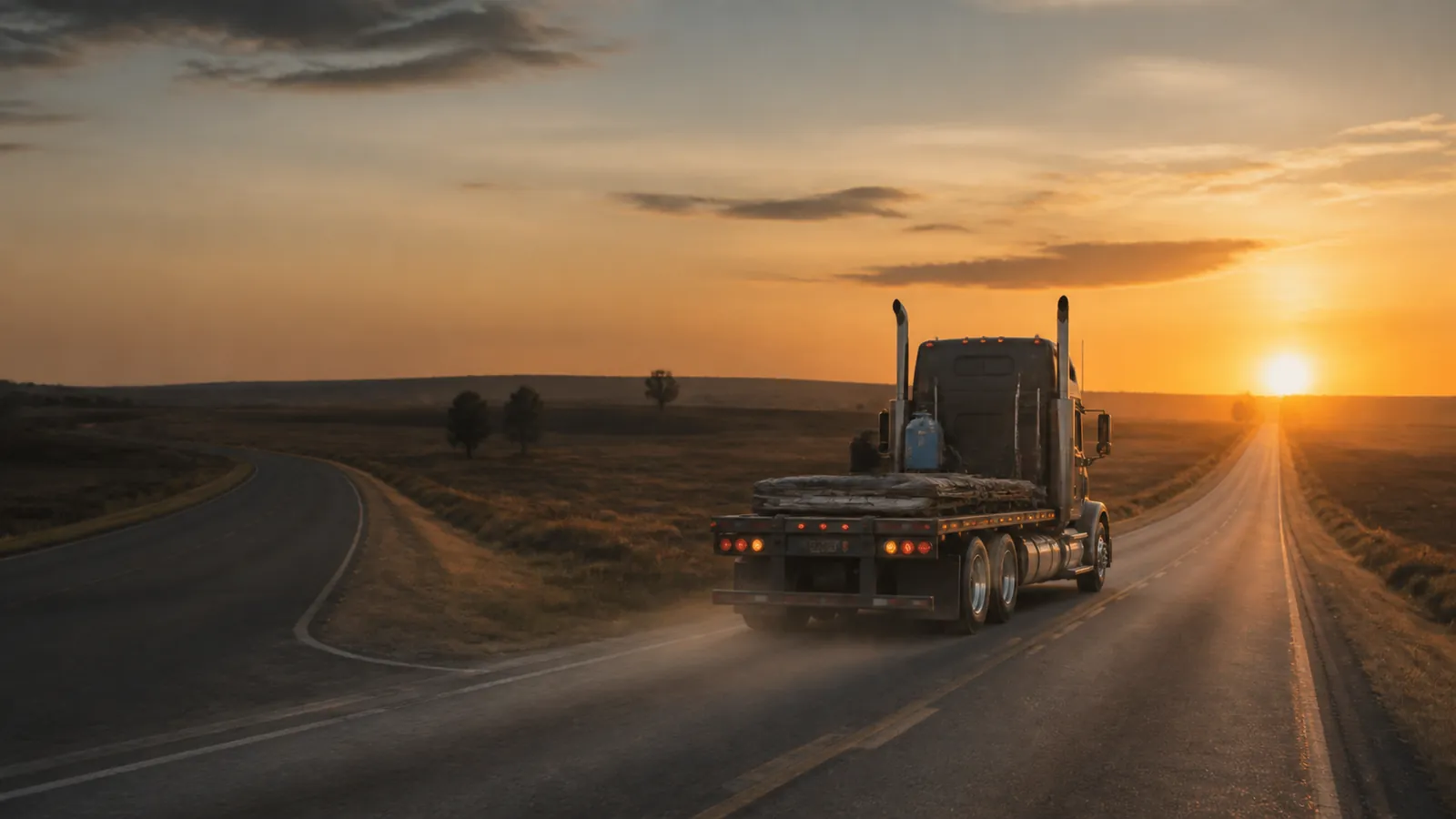 Semi rolling away down one branch of a forking two-lane at dusk while the other road curves off empty