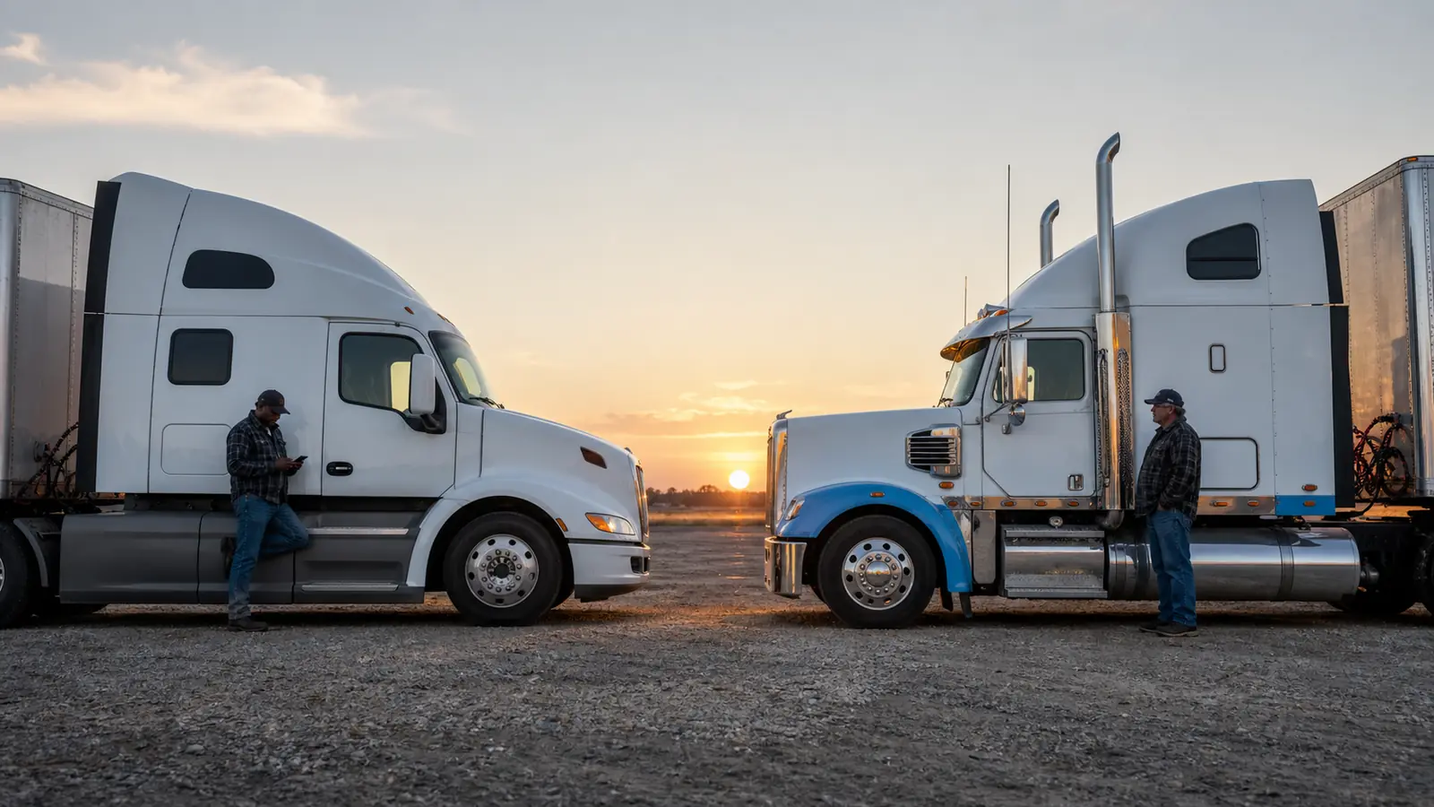 Two unbranded semi cabs parked nose to nose at dawn, one plain white and one with sky-blue trim