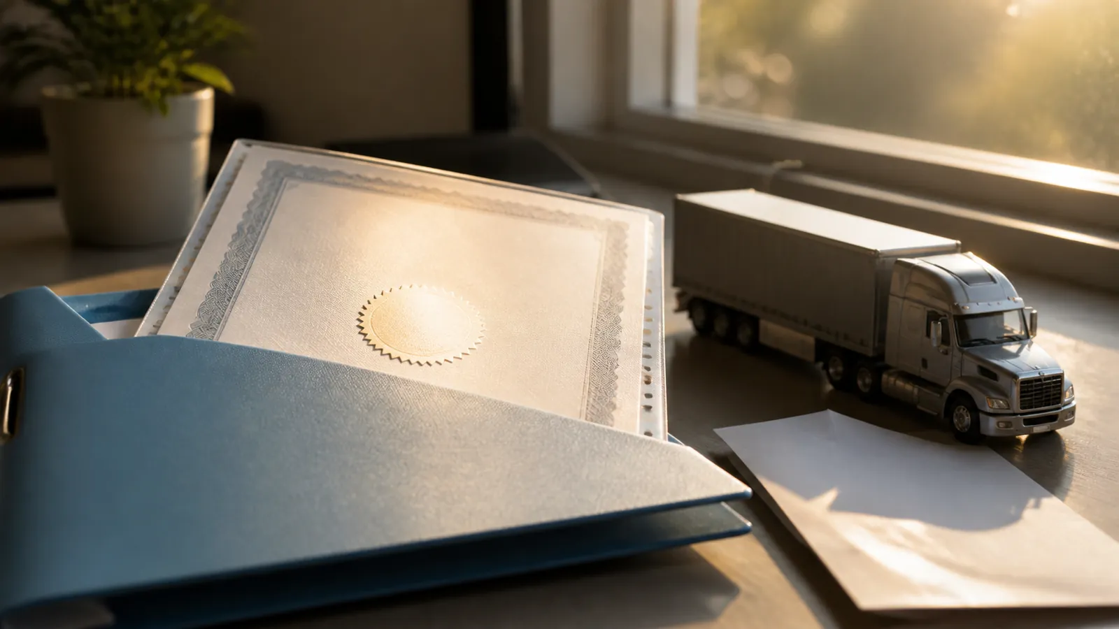 Unreadable embossed certificate page half-inserted into a sky-blue binder beside a model semi