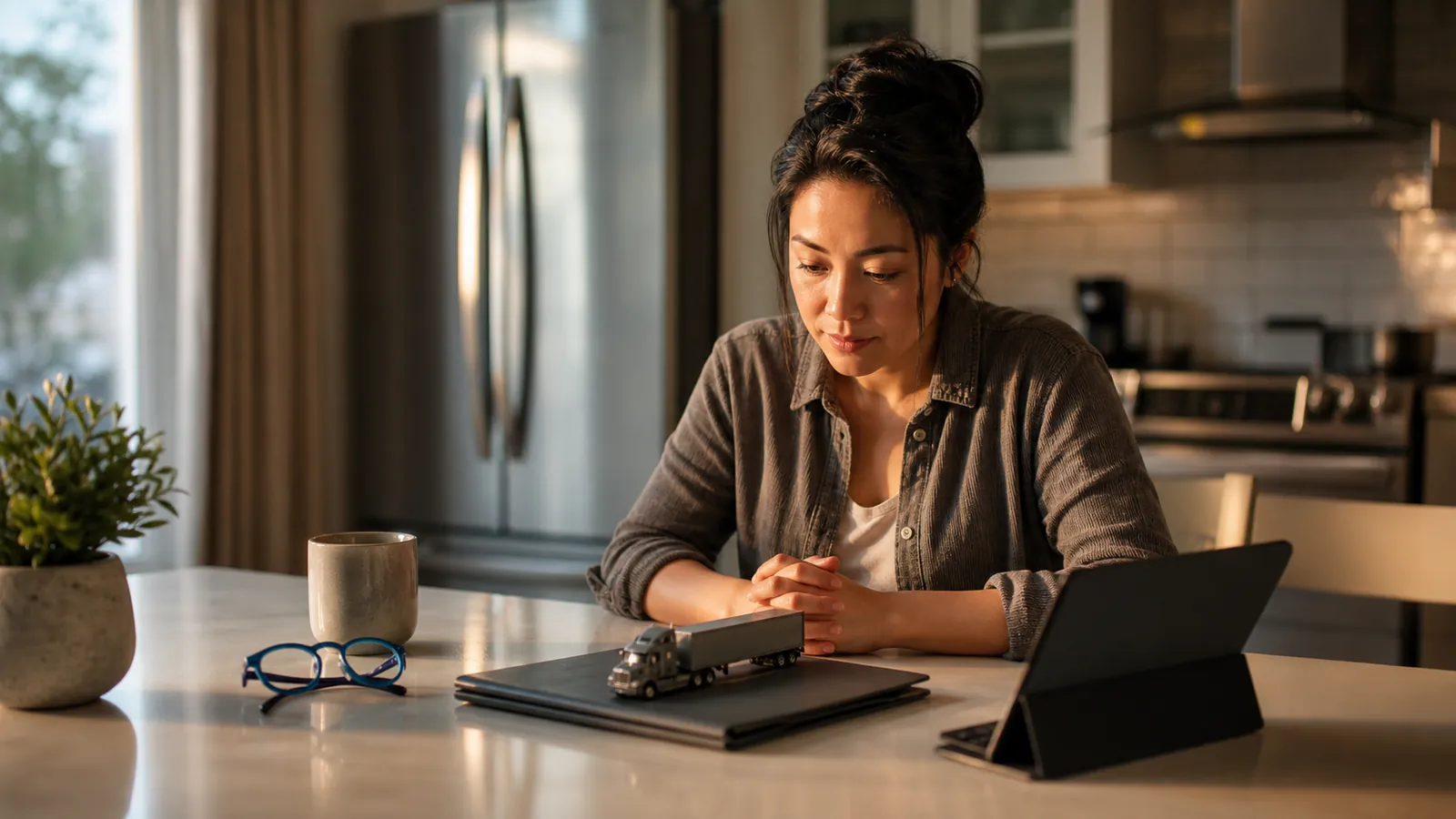 Owner-operator at a kitchen table contemplating a closed folder topped with a small model semi truck