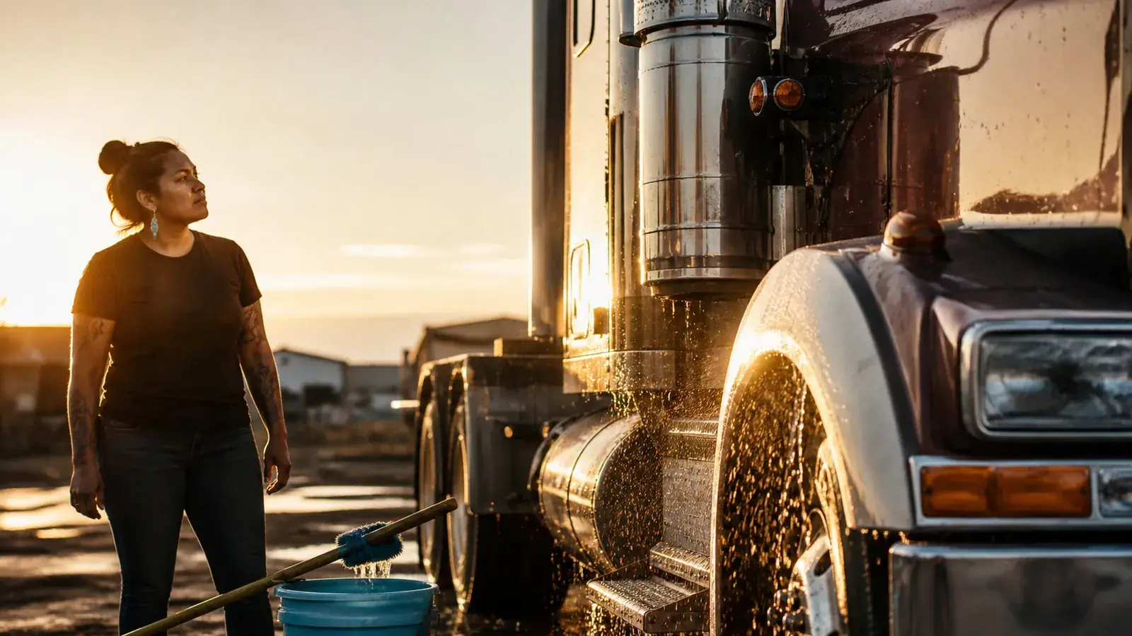 Owner-operator stepping back from her freshly washed gleaming tractor, brush across a sky-blue wash bucket