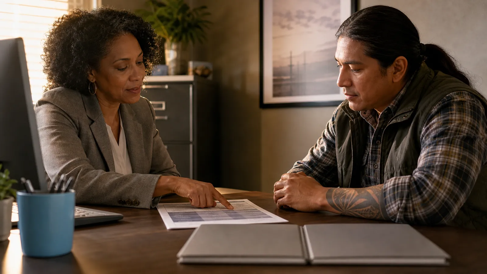 Insurance agent pointing out one row of an unreadable coverage chart to an owner-operator across a desk