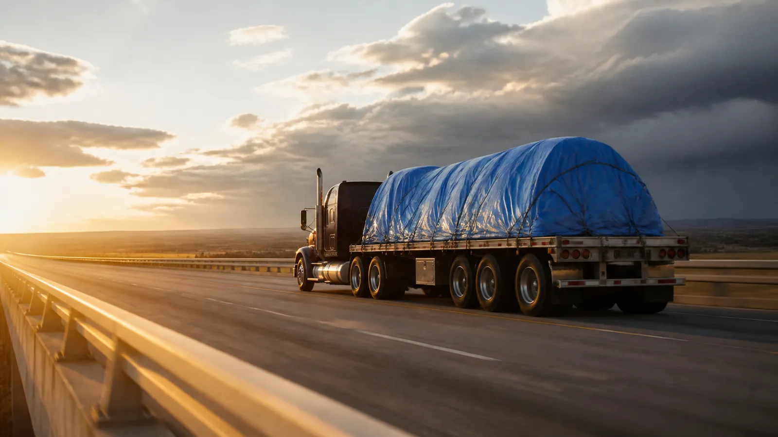 Flatbed rig rolling at speed with a sky-blue tarped load, retreating storm clouds far behind on the horizon