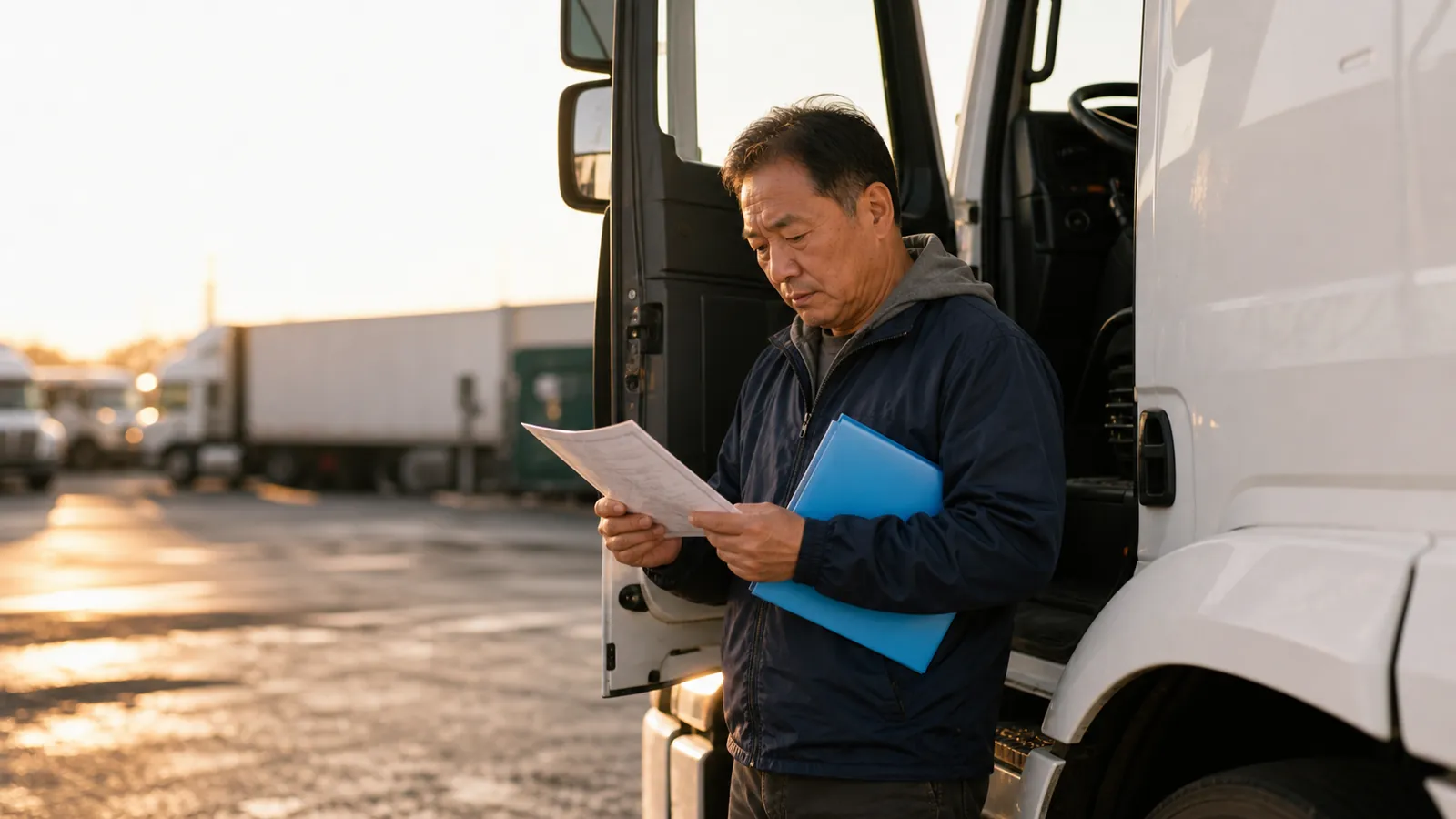 Owner-operator at his cab door reviewing an unreadable insurance page, sky-blue folder under his arm
