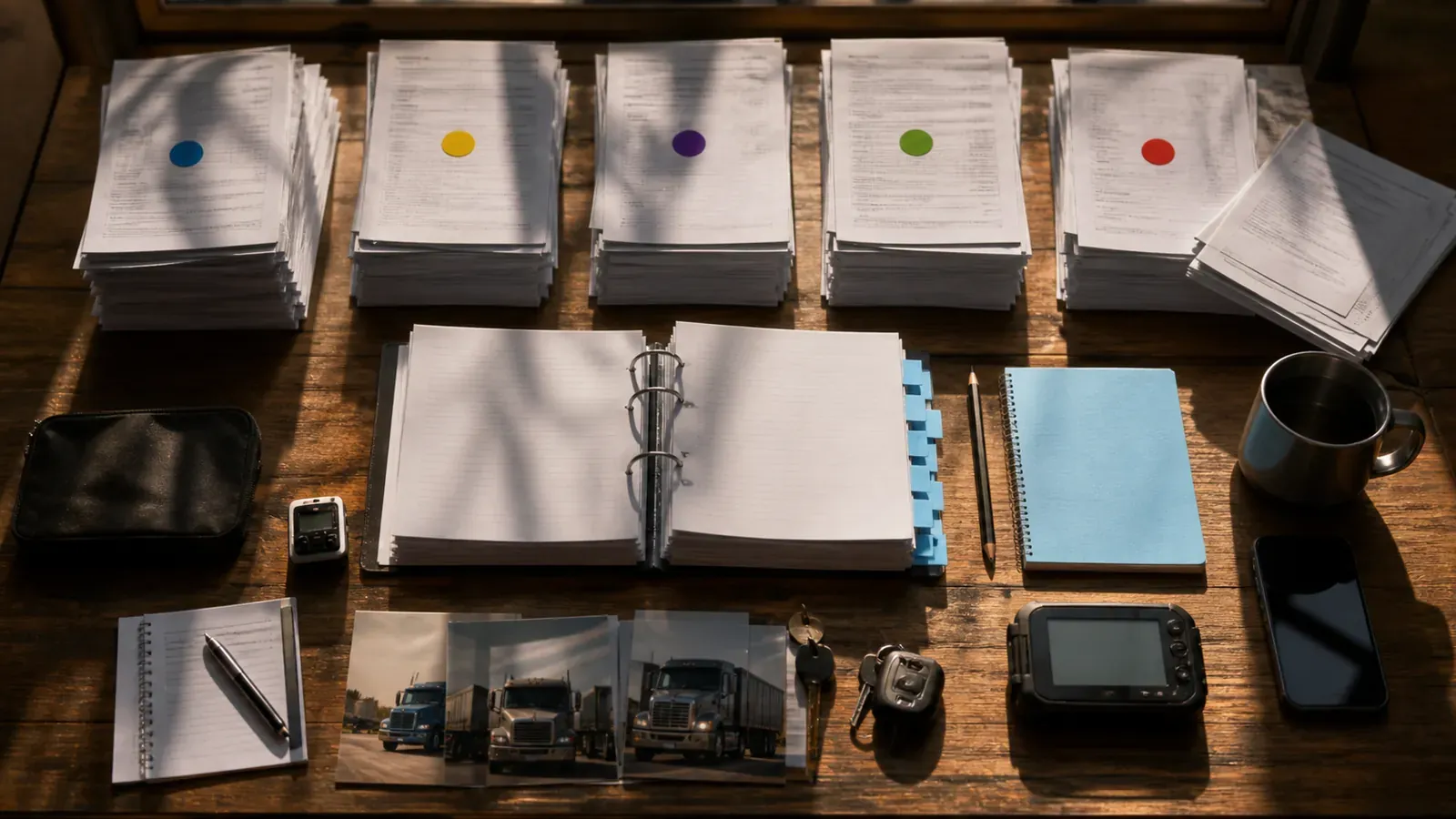 Overhead flat-lay of squared paperwork stacks with color-dot markers and sky-blue index tabs