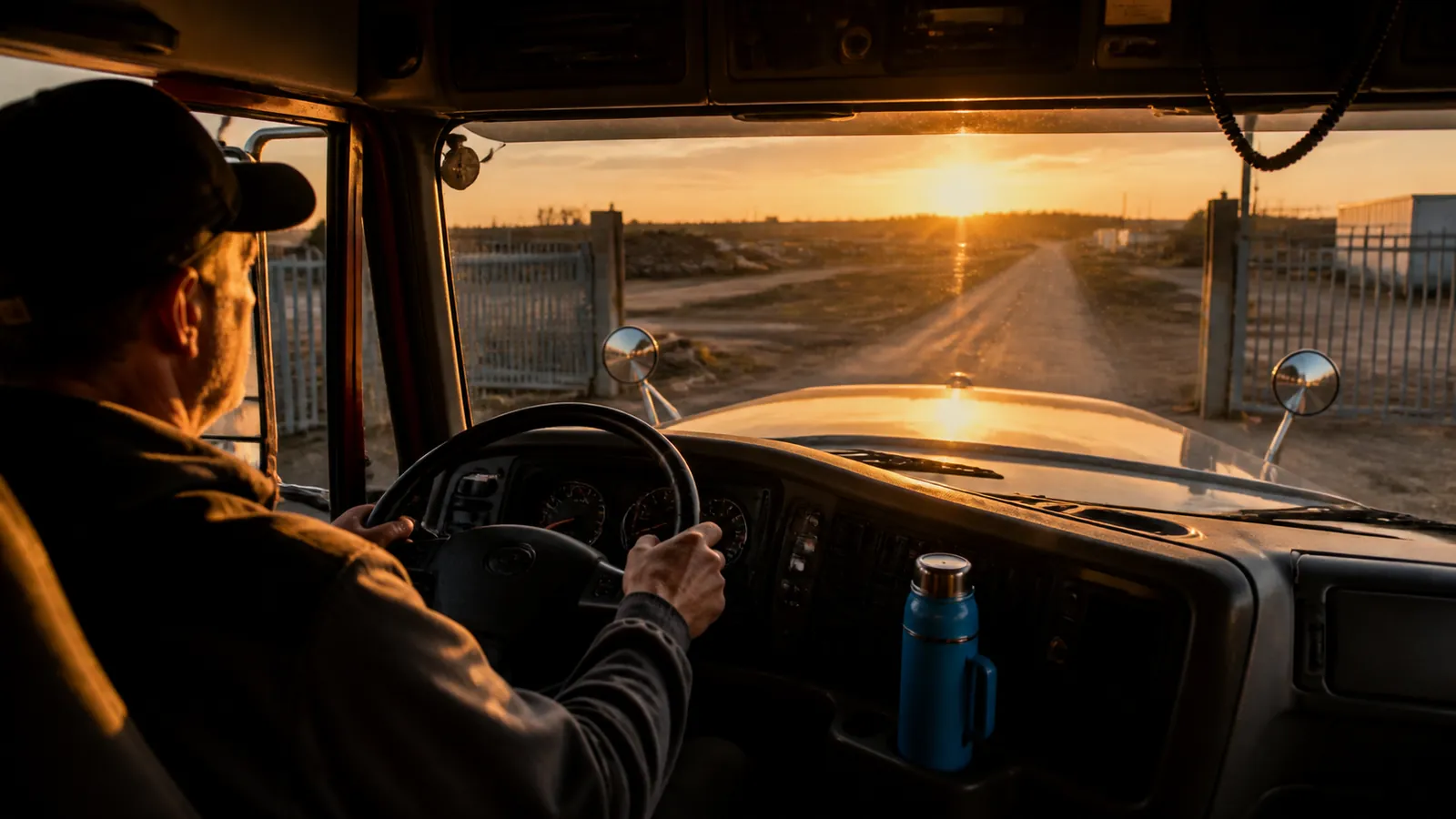 View over a driver's shoulder as the rig rolls through the yard gate at sunrise onto an open road