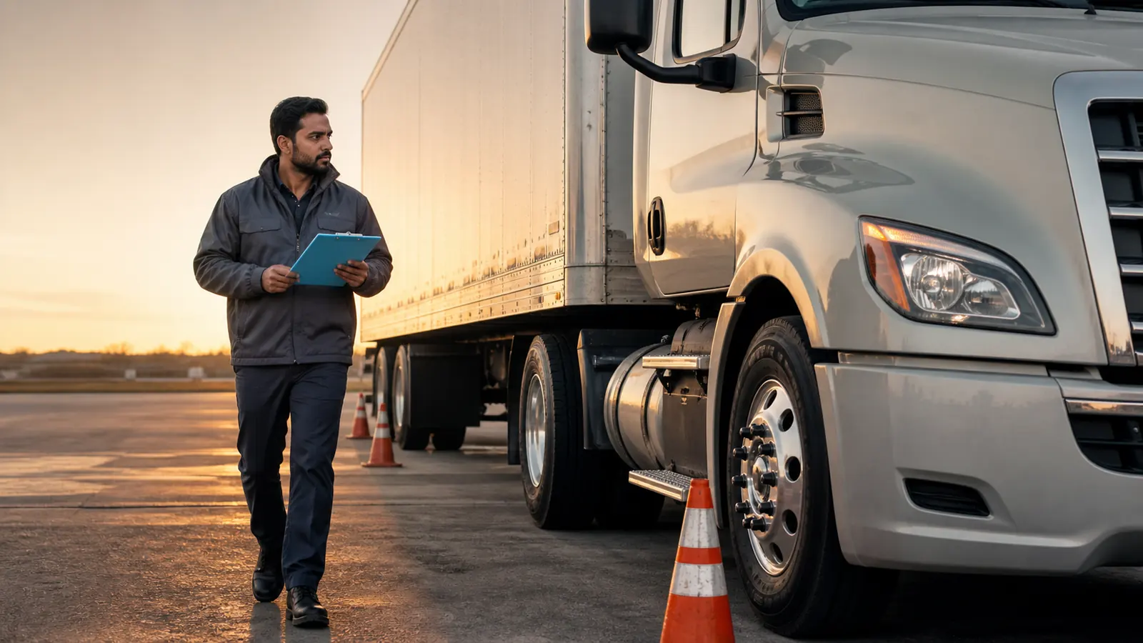 Owner-operator doing a dawn walkaround inspection with a sky-blue clipboard, safety cones by the wheels