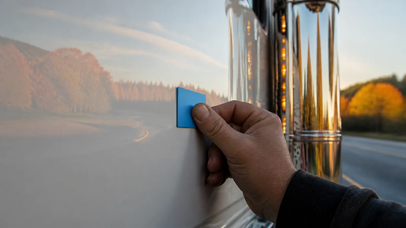 Blank sky-blue decal being smoothed onto a cab panel reflecting autumn maples and empty highway