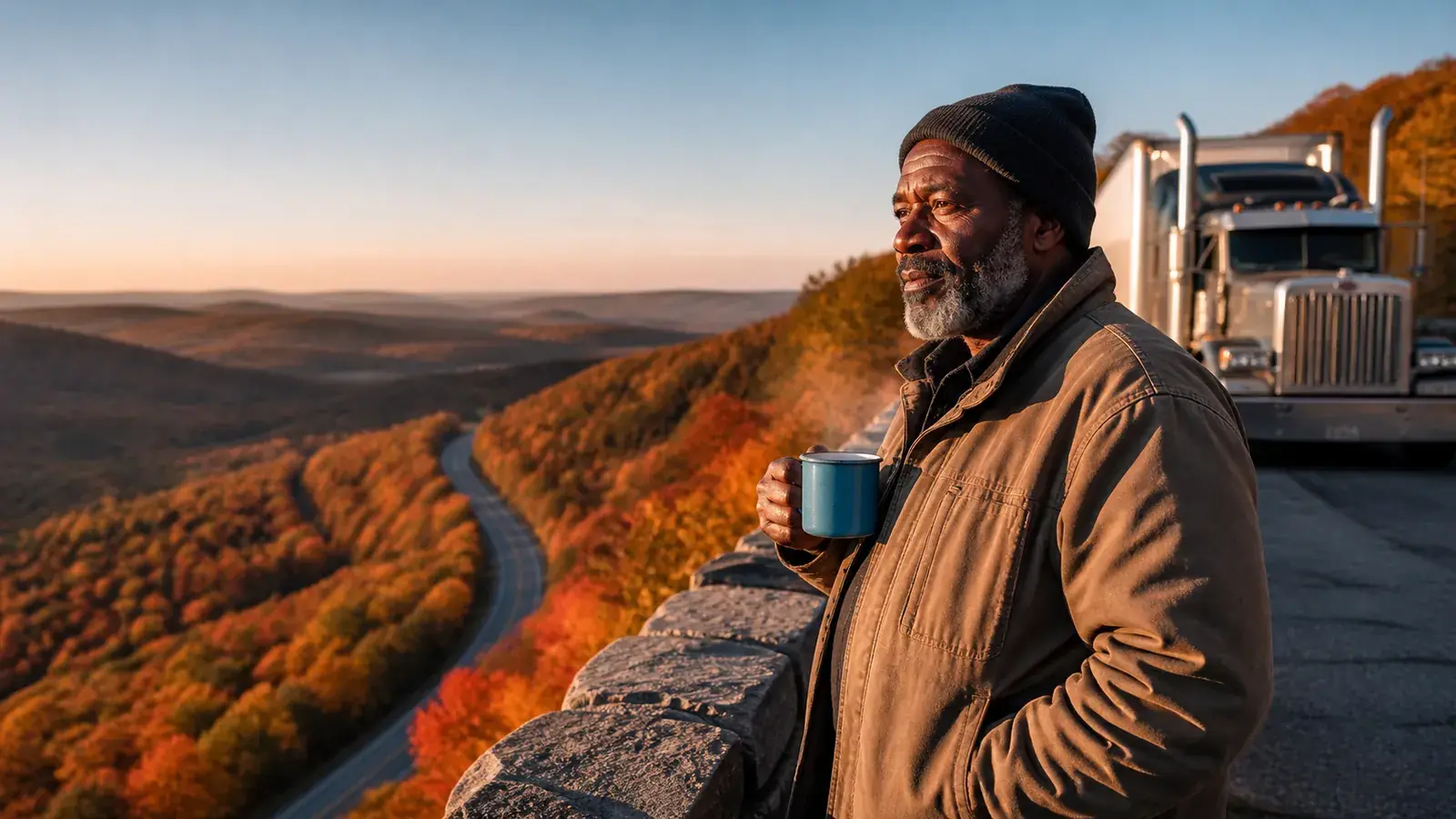 Driver pausing at an autumn overlook with a steaming sky-blue mug, his rig parked in the pull-off behind
