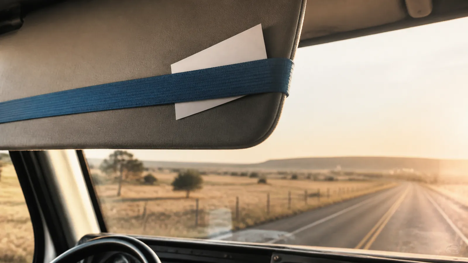 Fresh unreadable cab card tucked behind a sun visor band with open ranchland beyond the windshield